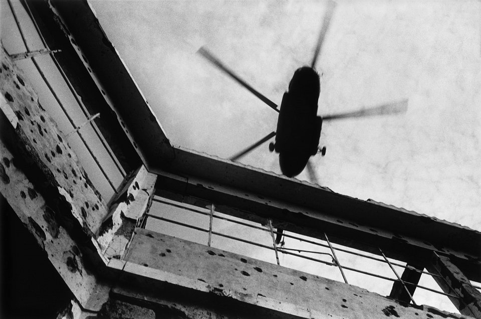 MPLA (Movement Popular de Liberation de Angola) army helicopter, Kuito, Angola, 2000