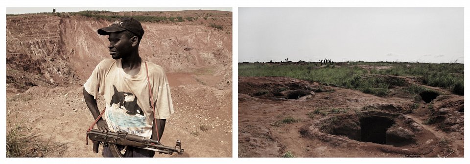 Left: Guard at the state mine, Mbuji-Mayi, Right: Independent diamond miners and the holes they have dug, Mbuji-Mayi, 2003
