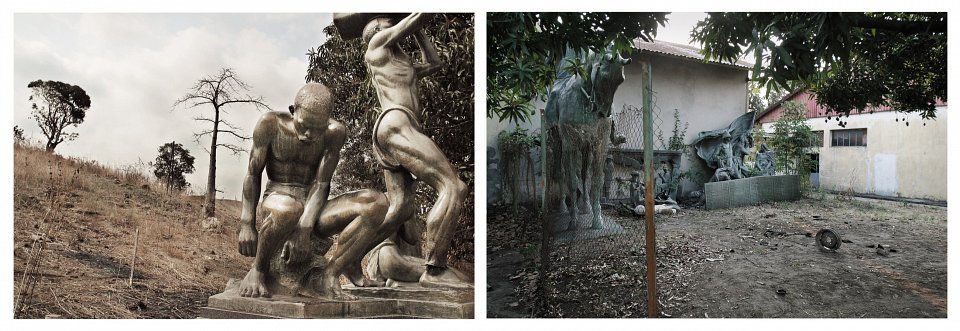 Left: Memorial to the slaves who built the railway between Matadi and Kinshasa during the Mobutu era, Right: Statues from the colonial era litter a transport ministry depot in Kinshasa, 2003