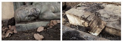 Left: Colonial-era monument depicting a dead slave, in storage in Kinshasa, Right: Colonial-era graves at Boma, 2003