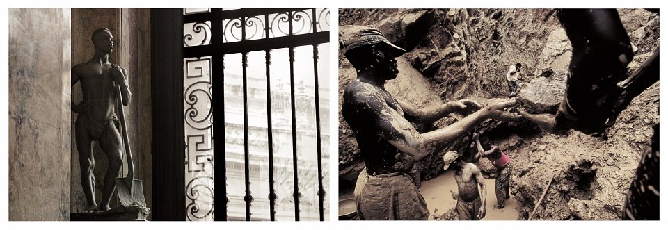 Left: Statue of a miner at the Central African Museum erected by King Leopold II, Brussels, Right: The gold mines at Bunia, northeastern DRC, 2003
